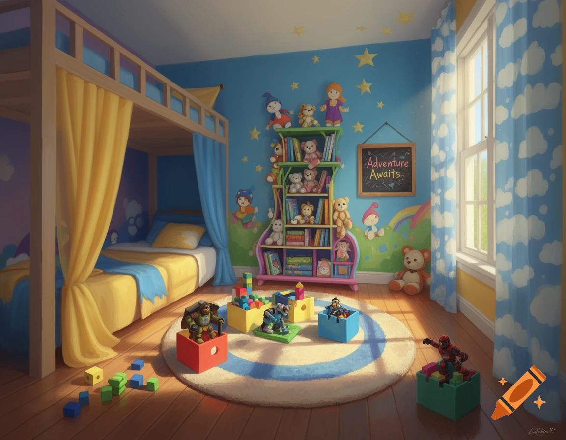 A vibrant, cartoon-style children's room with a yellow bunk bed, a bookshelf filled with toys, and a chalkboard on the wall.