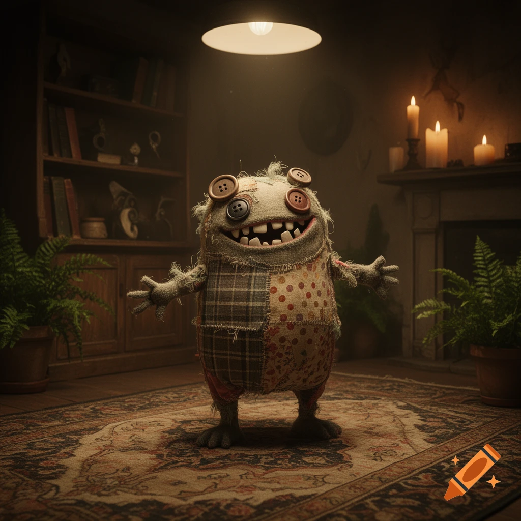 A photorealistic Fuggler-like patchwork plush monster with button eyes and a wide grin, in a dimly lit room with a rug and bookshelves.