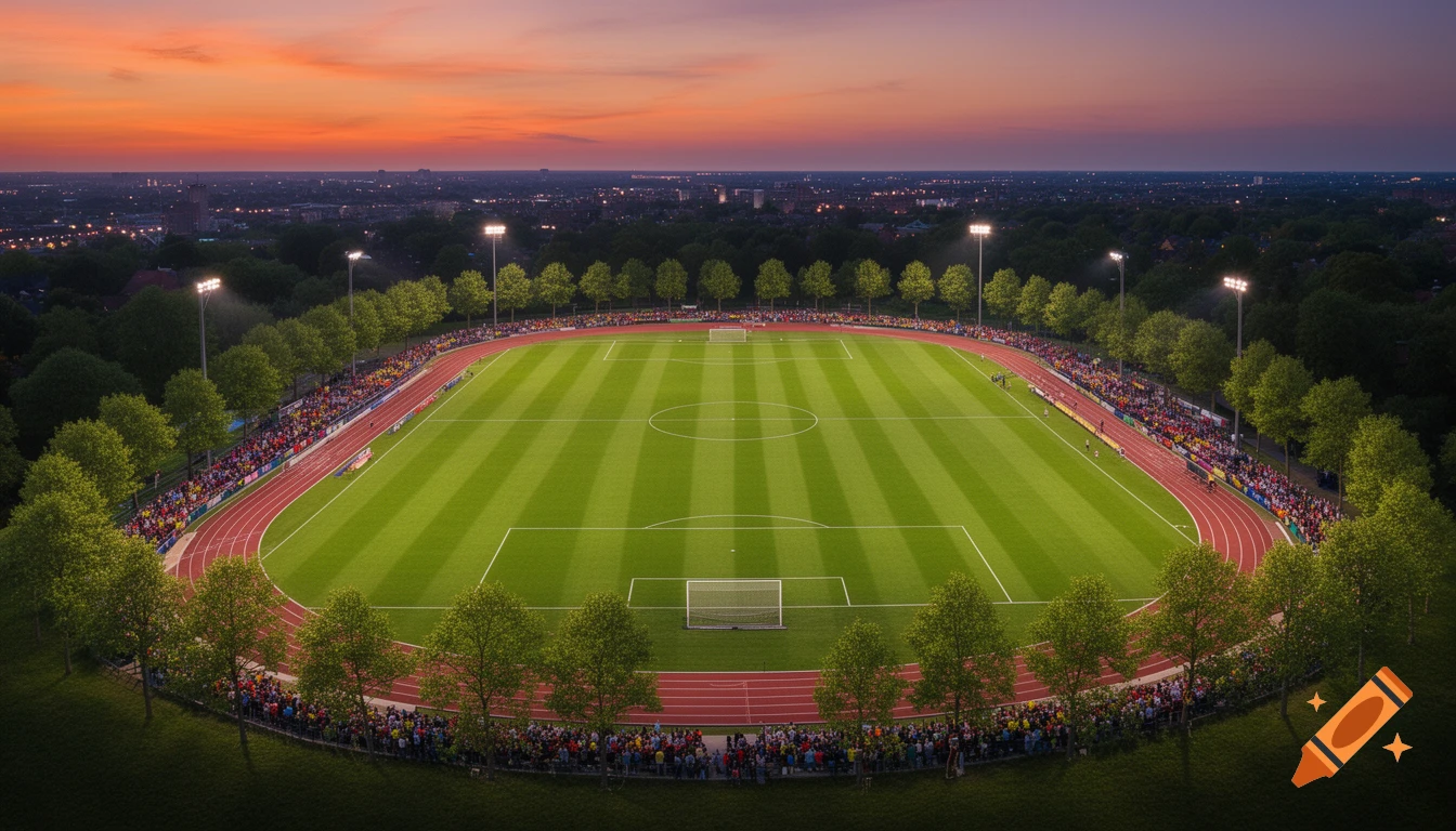 Aerial view of a vibrant sports stadium with a green field and running track, surrounded by trees and a city skyline at sunset.