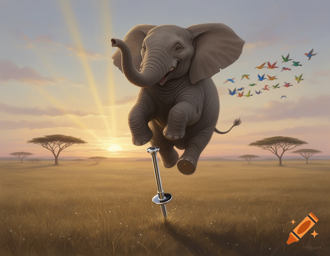 A whimsical cartoon elephant jumps high on a pogo stick in a savanna at sunset, with colorful birds flying nearby.