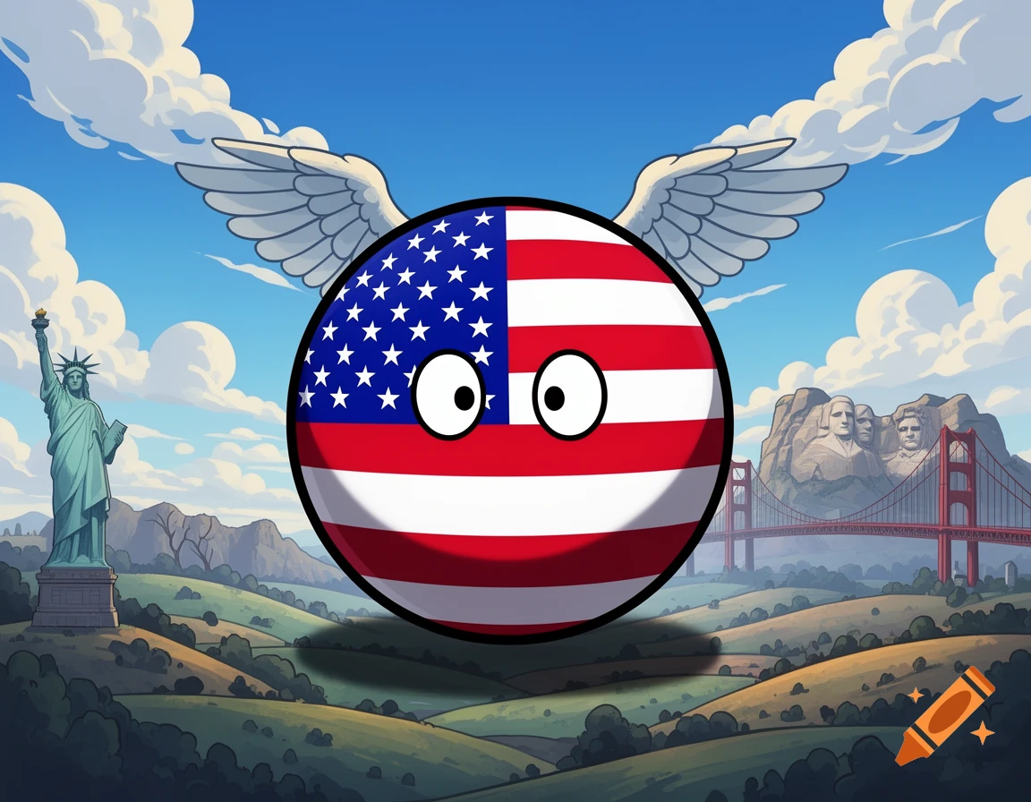 Cartoon USA countryball with wings flying over a landscape featuring the Statue of Liberty, Mount Rushmore, and the Golden Gate Bridge.