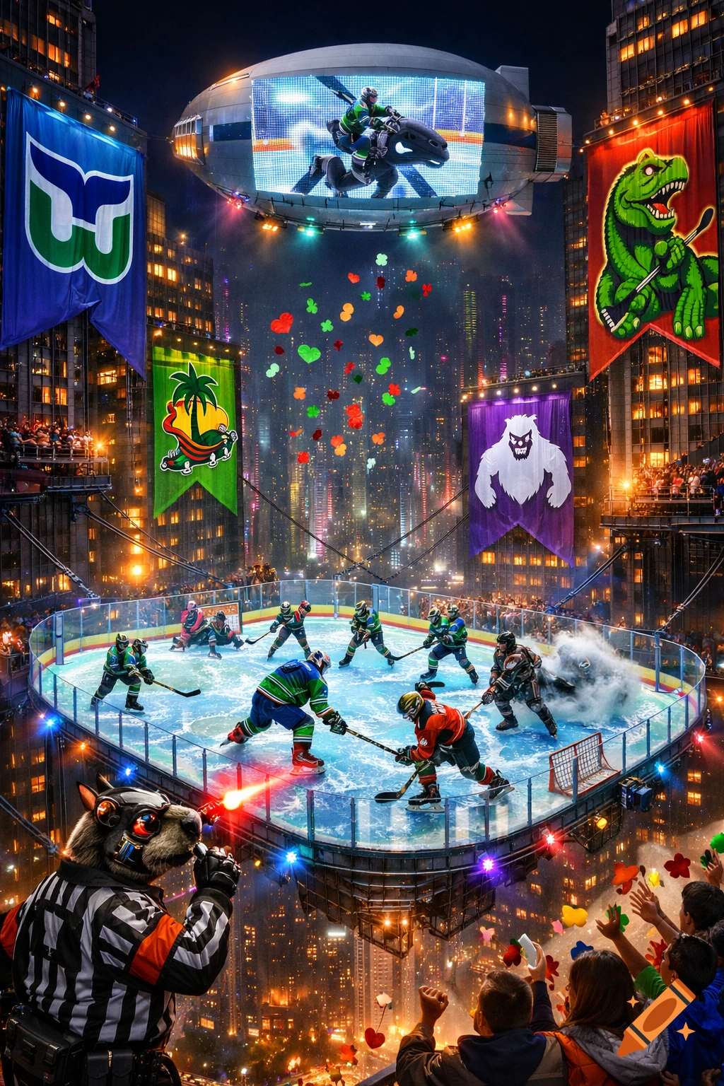 A fantastical, futuristic hockey game played on a glowing ice rink suspended between skyscrapers, watched by a cyborg capybara referee.