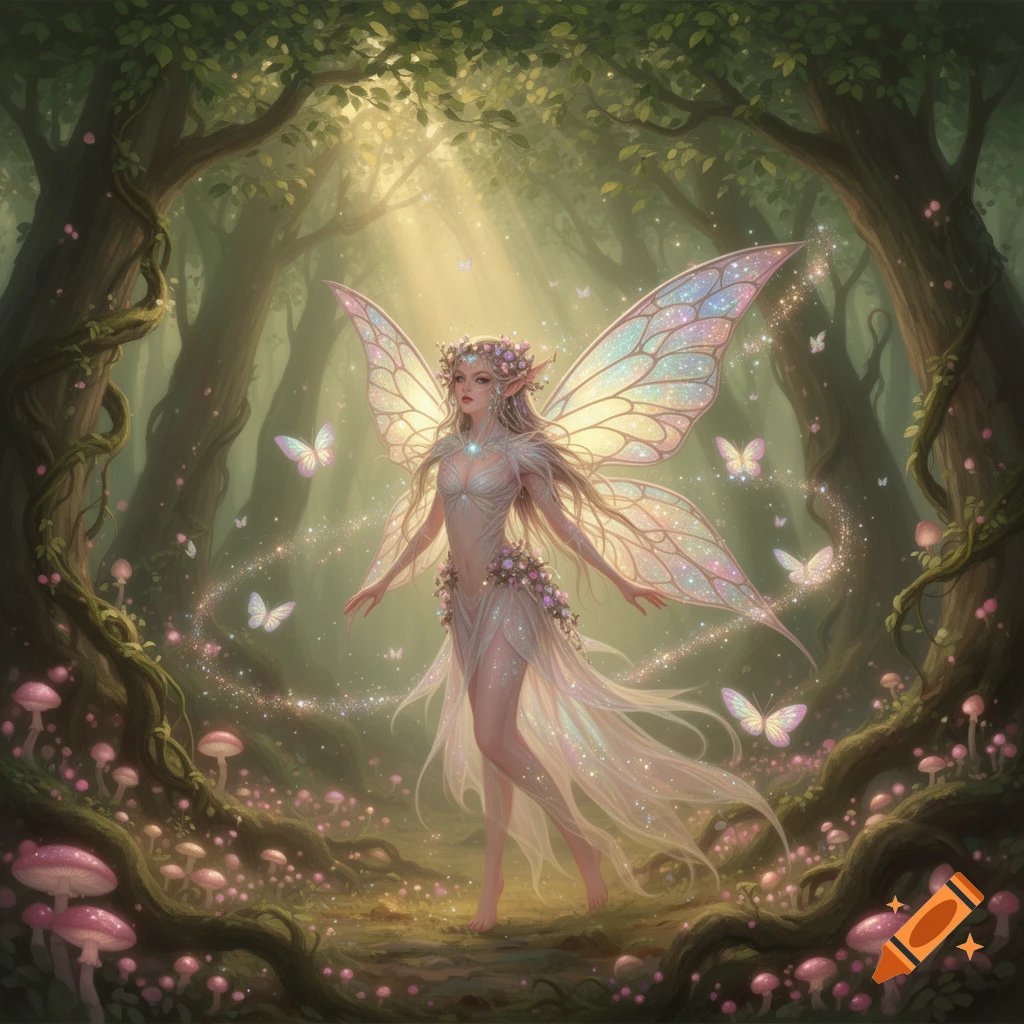 A beautiful fairy with iridescent wings and a flowing white gown stands in a magical sunlit forest with pink mushrooms and butterflies.
