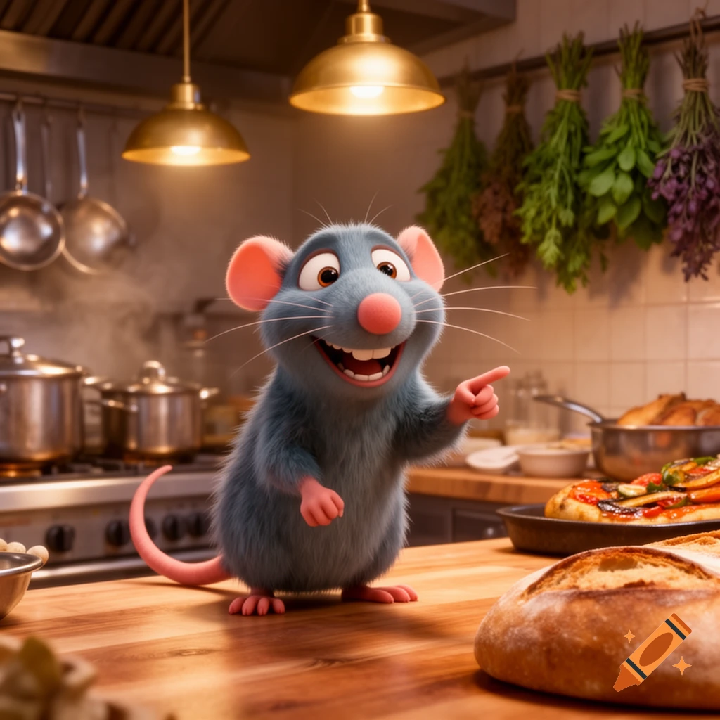 Remy from Ratatouille, a blue-grey rat, laughs and points while standing on a wooden counter in a busy kitchen.