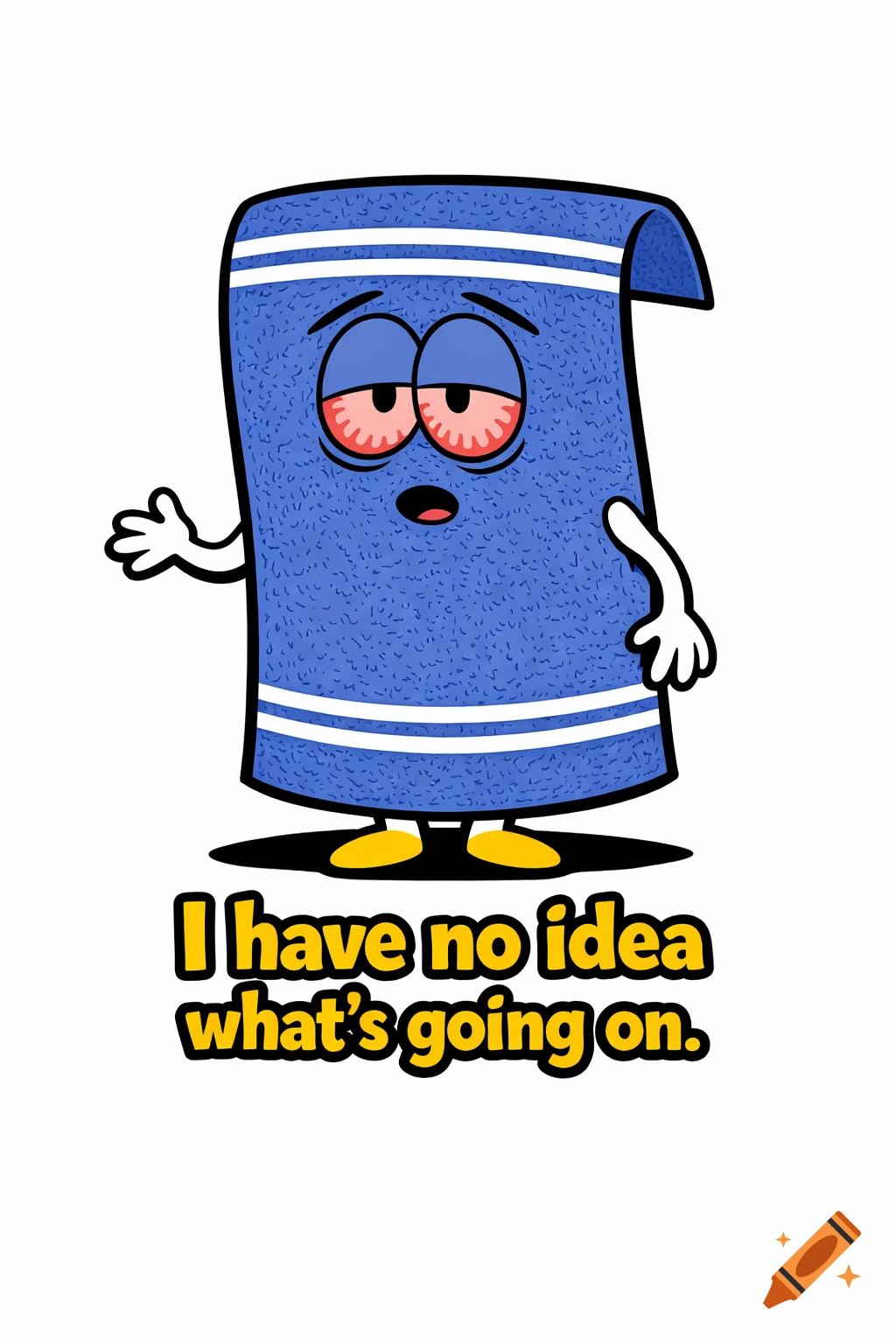 A blue cartoon towel character with tired red eyes and a confused expression stands, saying "I have no idea what's going on."