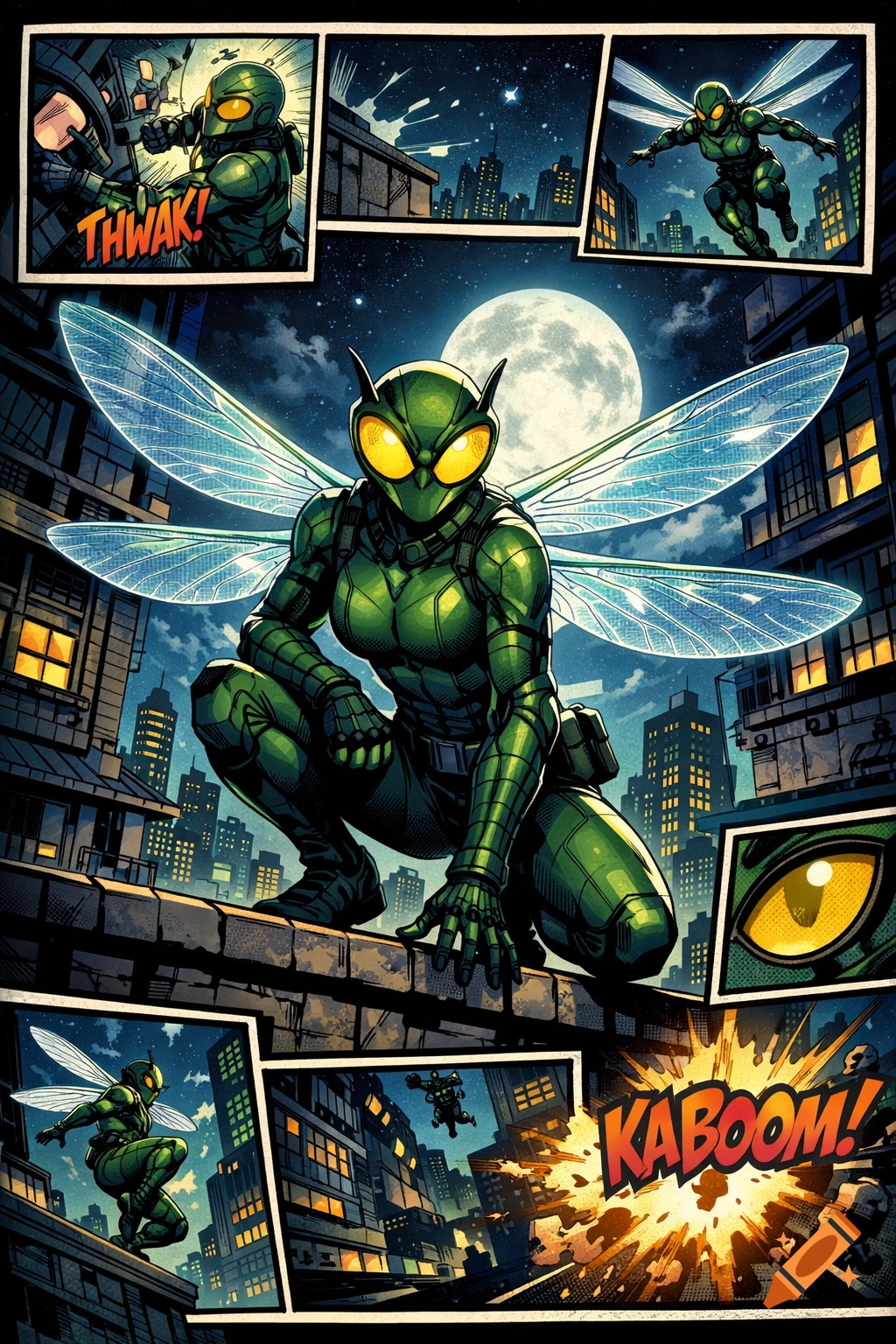 Comic book page featuring a green insect-like superhero, Teenage ...