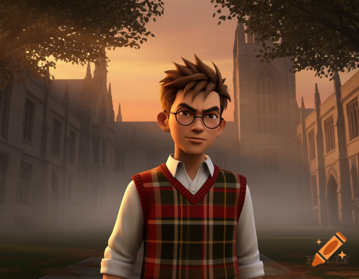 An animated boy with round glasses and a plaid sweater vest stands in front of a school building at sunset.