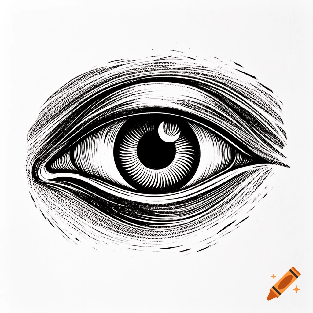 A stylized human eye in black and white linocut technique, with radiating lines forming the iris and heavy shading.