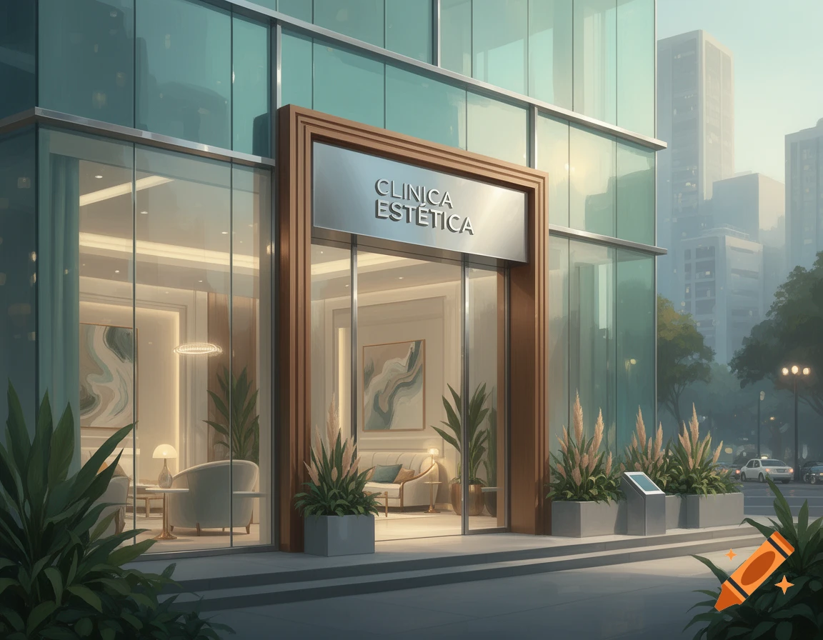 A modern glass-fronted aesthetic clinic building with a sign reading "CLINICA ESTÉTICA" above the entrance, flanked by planters on a city street.