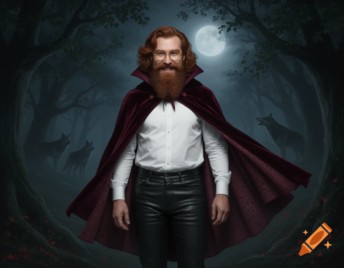 A smiling man with a red beard, glasses, white shirt, leather pants, and a red cape stands in a moonlit, misty forest with wolves.