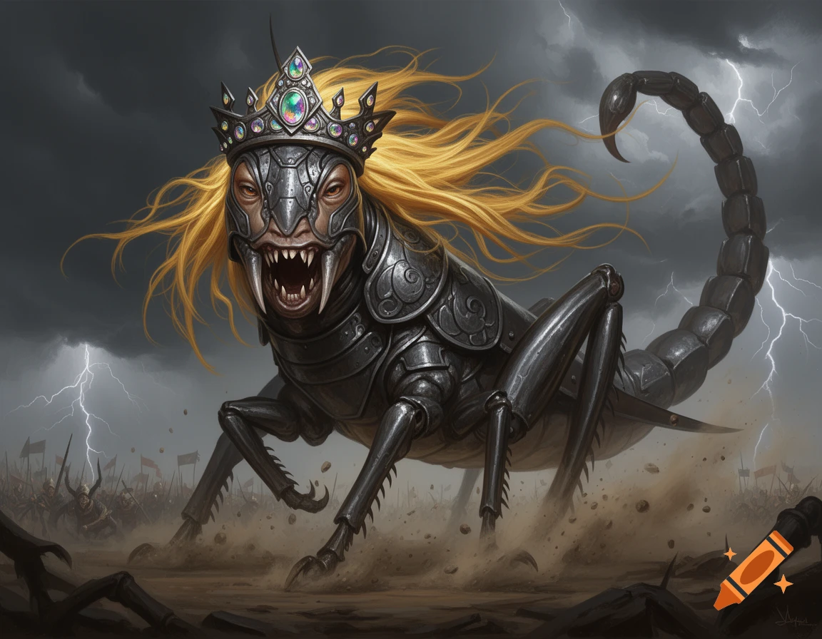 An armored locust-monster with a fanged human face, golden hair ...