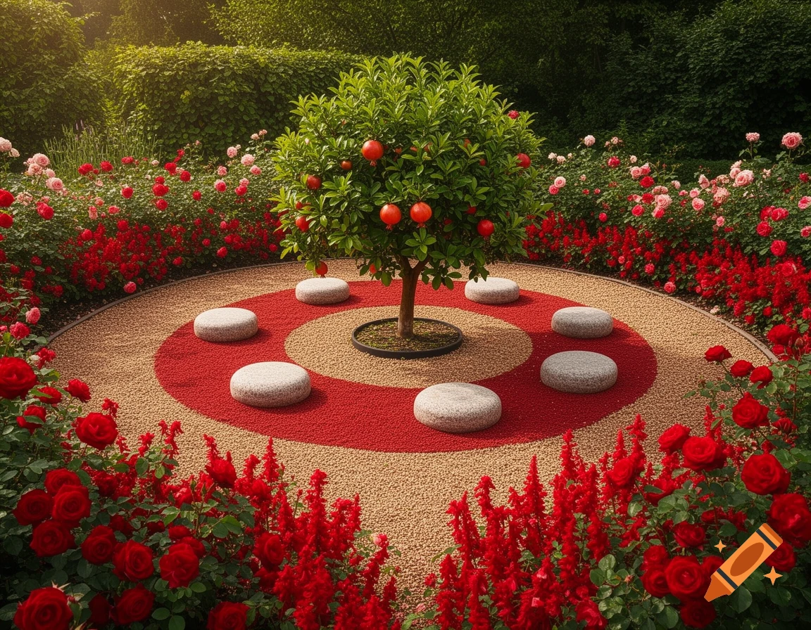 A serene circular garden with a fruit tree, stone seats, red and brown ...