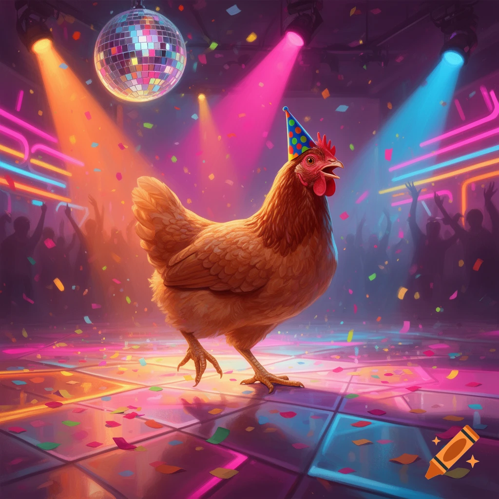 A chicken in a party hat dances on a glowing disco floor with colorful lights and confetti, and silhouetted party-goers.