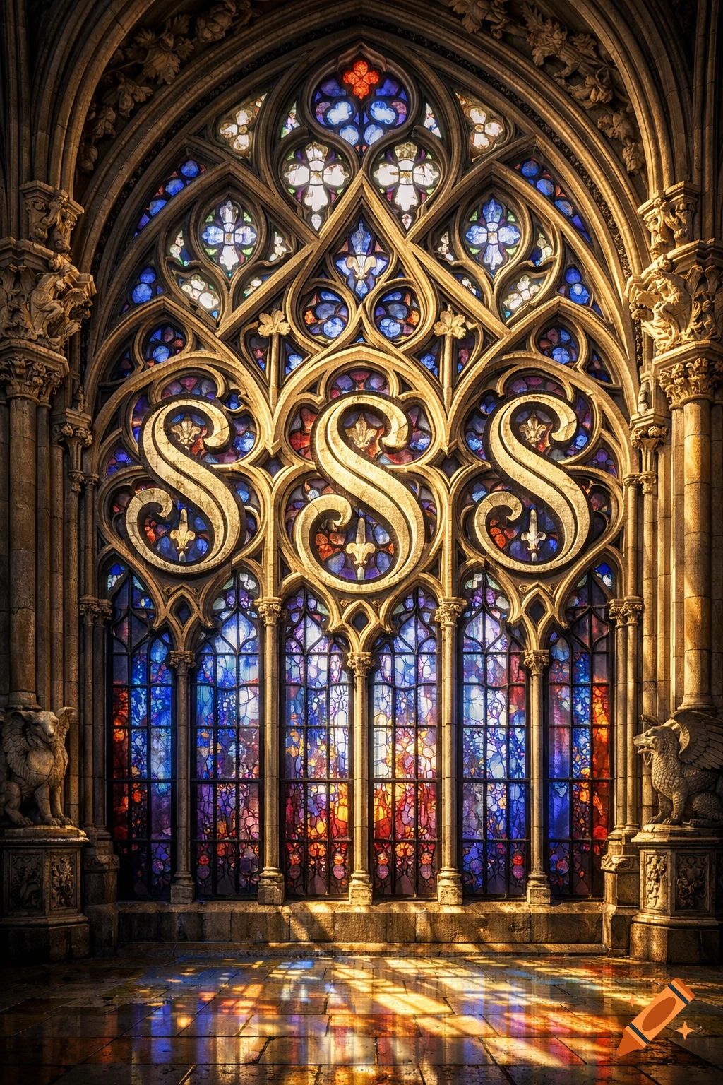 Ornate Gothic stained glass window with "S" shapes in the tracery, illuminated by colorful light patterns on a stone floor.