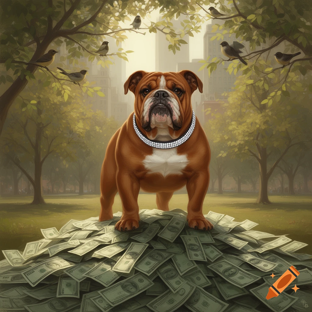 A bulldog wearing a diamond collar stands on a large pile of money in a park with birds in trees and city buildings in the background.