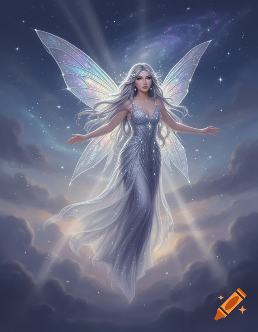 A silver-haired fairy with shimmering iridescent wings and a sparkling gown floats among starry clouds in a celestial sky.