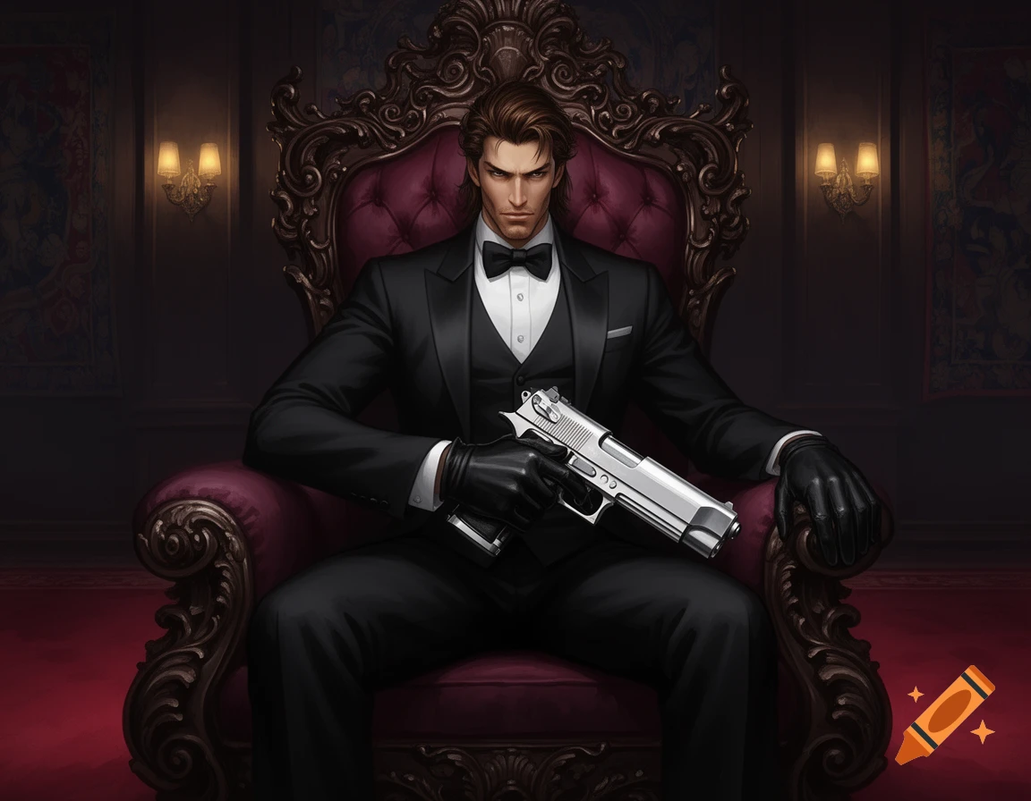 An anime-style man with dark hair in a black tuxedo and gloves sits regally in an ornate chair, holding a silver pistol.