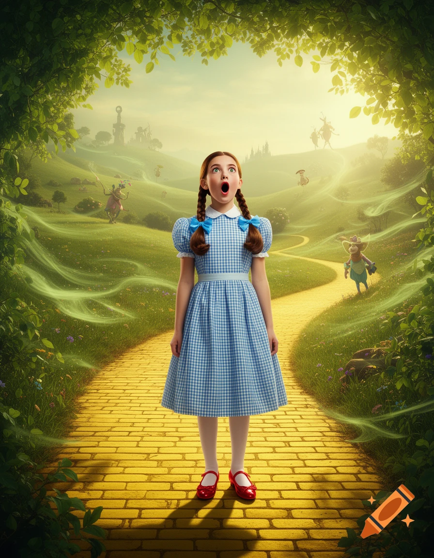 A surprised young girl dressed as Dorothy stands on a yellow brick road in a vibrant fantasy landscape with strange creatures in the background.
