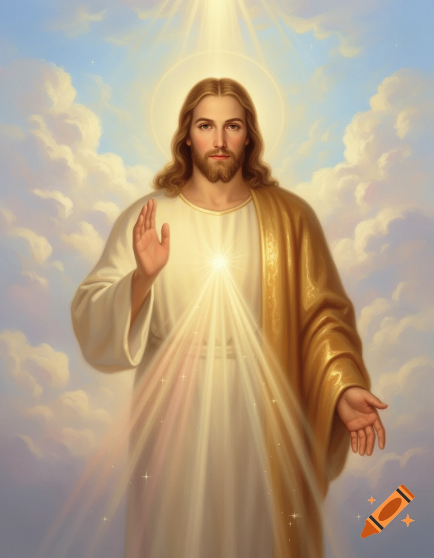 Jesus Christ with long brown hair and beard, standing against a cloudy sky, with a halo and rays of light.
