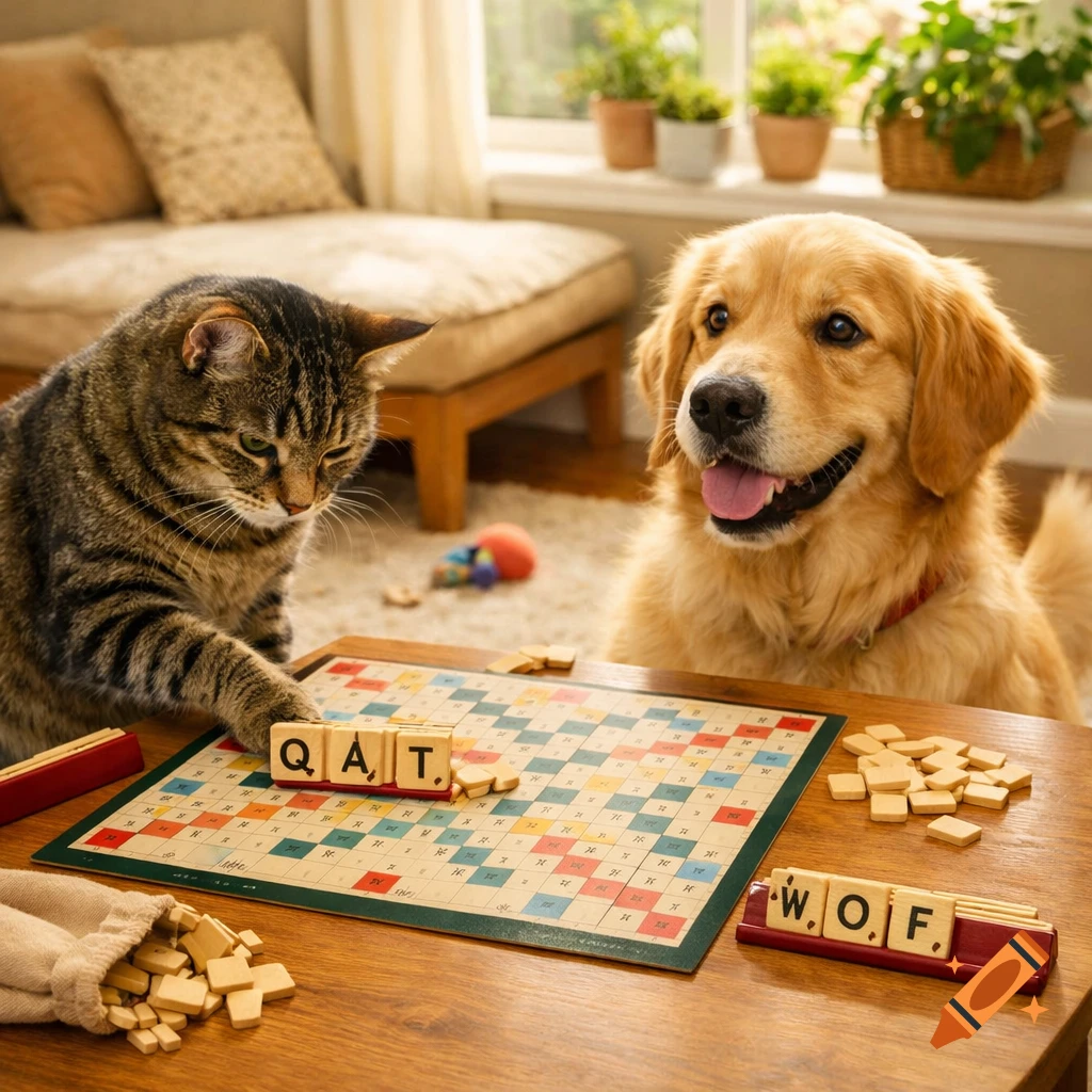 A photorealistic image of a tabby cat and a golden retriever playing Scrabble in a living room, with the cat spelling the word QAT.