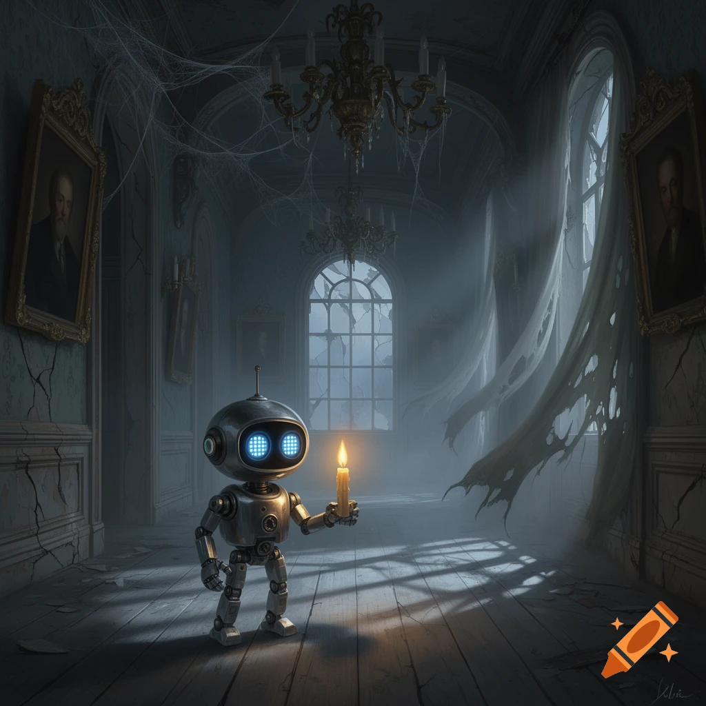 A small, retro-style robot with glowing blue eyes holds a lit candle, exploring a dark, cobweb-filled haunted mansion with broken windows and chandeliers.