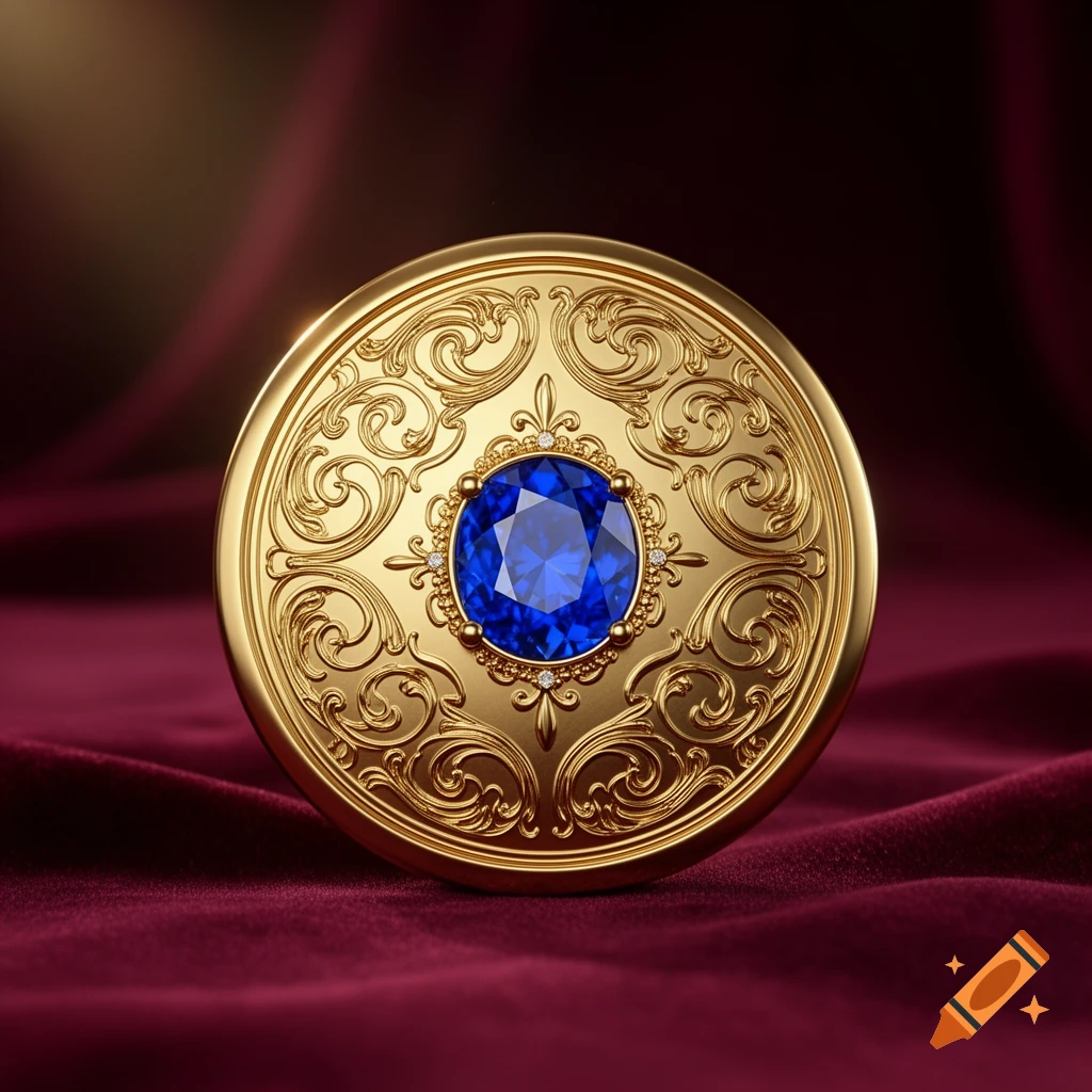 A detailed gold medallion featuring intricate filigree around a large, faceted blue sapphire, resting on a rich burgundy velvet surface.