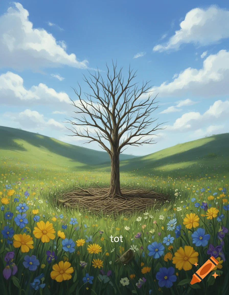 A bare tree stands in a vibrant meadow with yellow and blue wildflowers under a bright blue sky with white clouds, in a painted style, with the word "tot" in the grass.