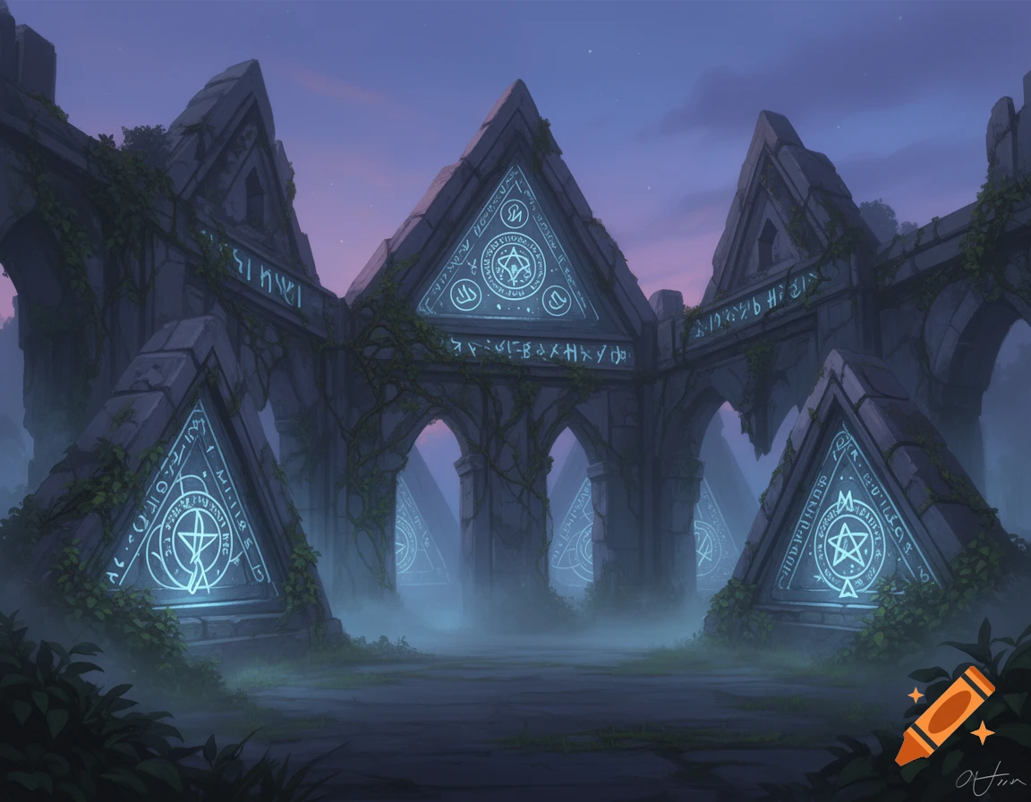 Ethereal ancient ruins with glowing magical symbols on triangular stone arches, bathed in twilight mist.