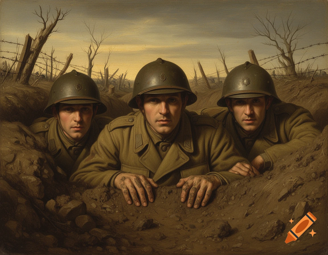 Three soldiers in helmets peek from a trench in a barren, war-torn landscape, rendered in an old painting style.