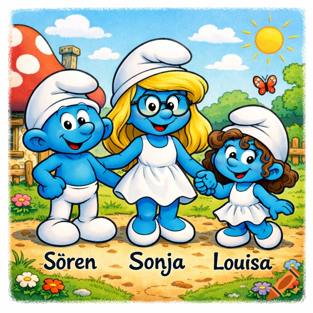 Three Smurfs, Sören, Sonja, and Louisa, in a colorful cartoon village scene with a mushroom house and sun.