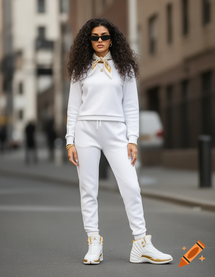 A woman in a white tracksuit, black sunglasses, and white and gold Jordan sneakers stands on a city street.
