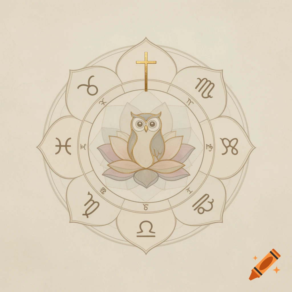 A minimalist mandala-style illustration featuring a golden cross at the top, an owl on a lotus flower in the center, and various zodiac signs around the perimeter.