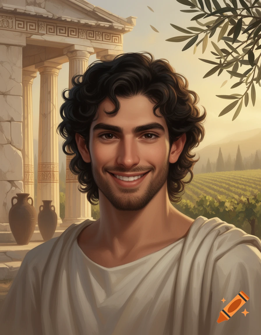 Smiling young man with dark curly hair and beard in ancient Greek attire, standing before classical columns and a vineyard.