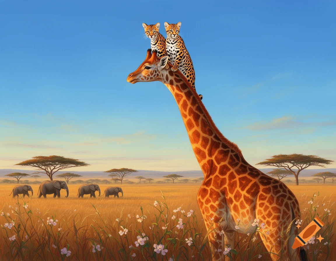 A giraffe with two ocelots on its head stands in a sunlit savanna with elephants and acacia trees in the background.