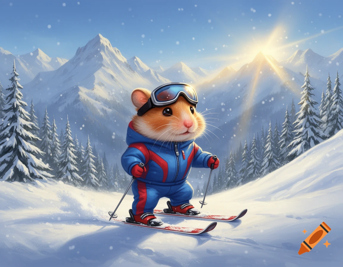 A cute hamster in a blue and red ski suit and goggles skis down a snowy mountain with pine trees, sun shining.