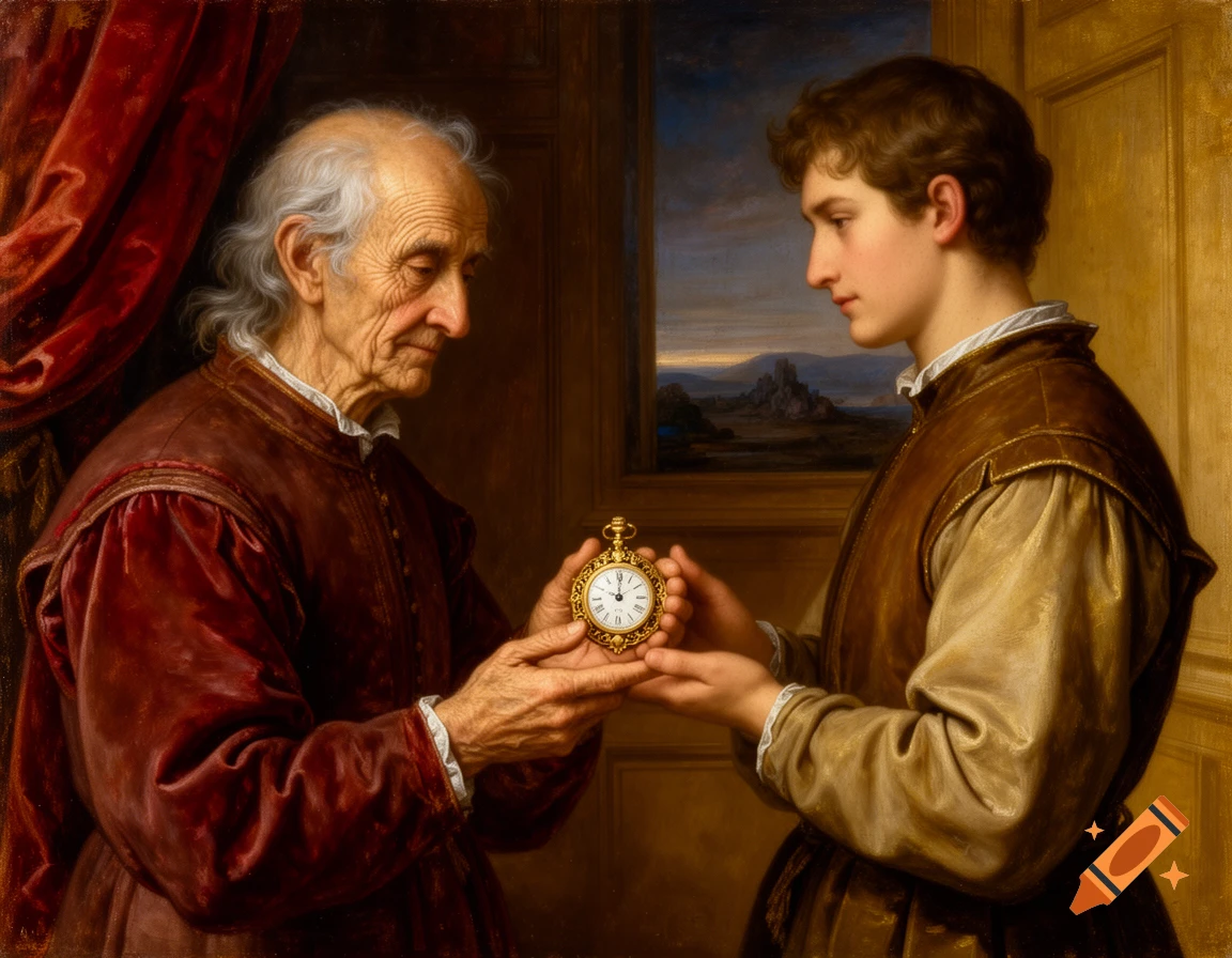 An old man in red robes hands a gold pocket watch with Roman numerals to a younger man, in a warm Renaissance-style painting.