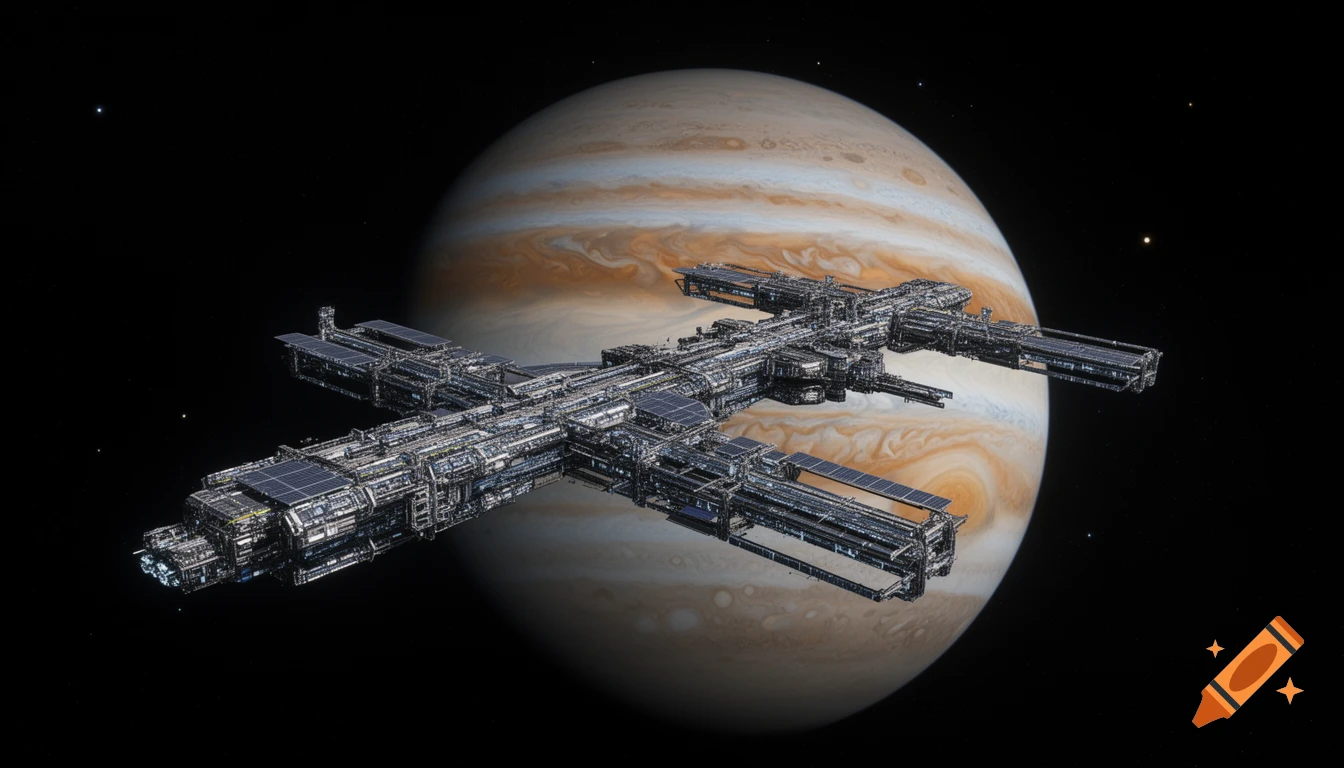 A large, detailed space station with multiple modules and solar panels orbits Jupiter, with the planet's swirling orange and white clouds dominating the background. Stars are visible in the black space.