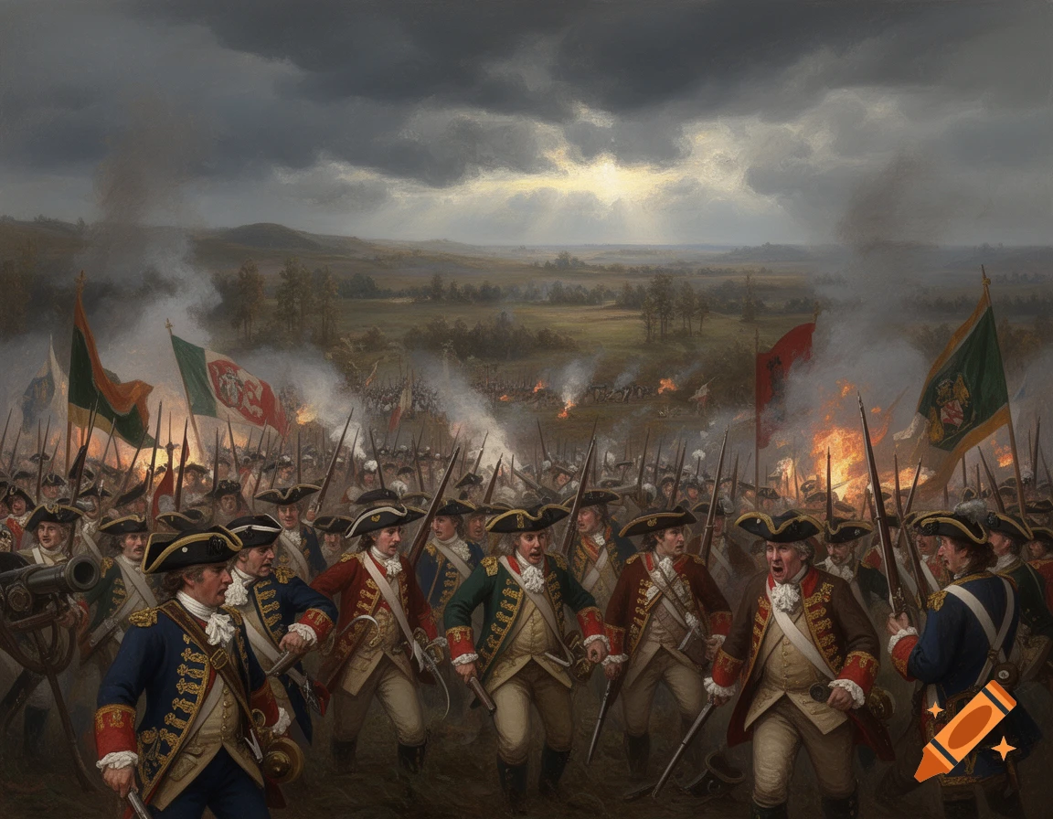 A painting of soldiers in 18th-century uniforms advancing through a smoky battlefield under a stormy sky, with fires.