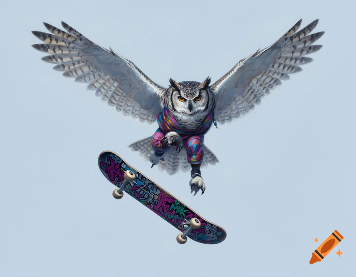 A large owl in colorful streetwear flies with outstretched wings, carrying a skateboard below it against a light blue background.