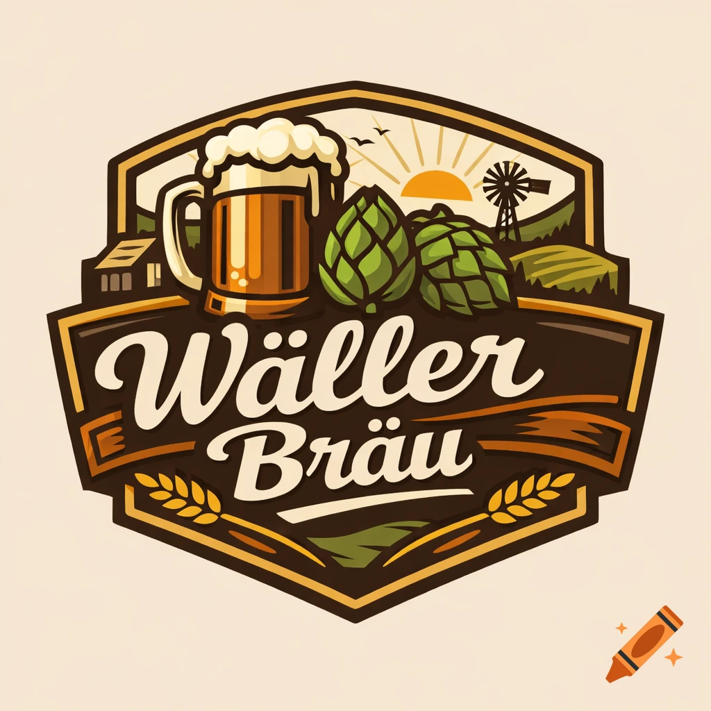 A rustic beer logo illustration with a frothy beer mug, hops, a barn, windmill, sun, fields, and 'Wäller Bräu' text.