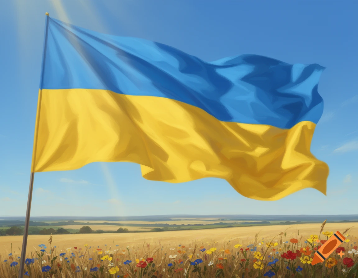 Ukrainian flag waving over a golden field dotted with colorful wildflowers under a bright blue sky.