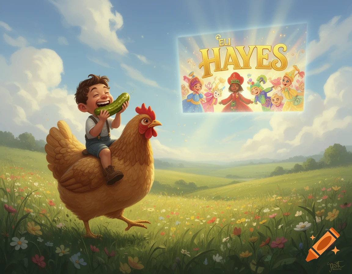 A happy boy rides a giant chicken, eating a pickle, while watching a floating screen showing 'ELI HAYES' and cartoon characters in a vibrant meadow.