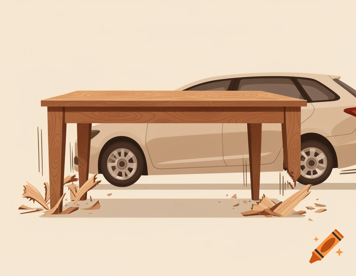 Illustration of a wooden dining table with its legs broken and surrounded by wood shavings, positioned in front of a beige car.