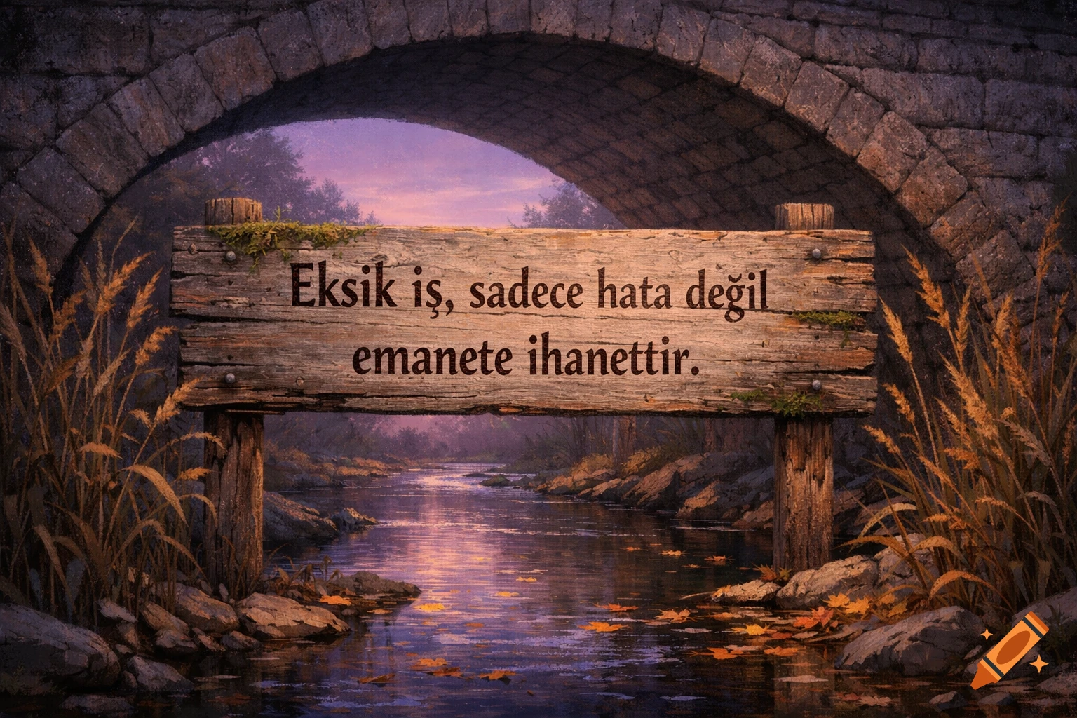 A wooden sign with Turkish text under a stone arch spanning a calm river with autumn leaves, flanked by tall grass.