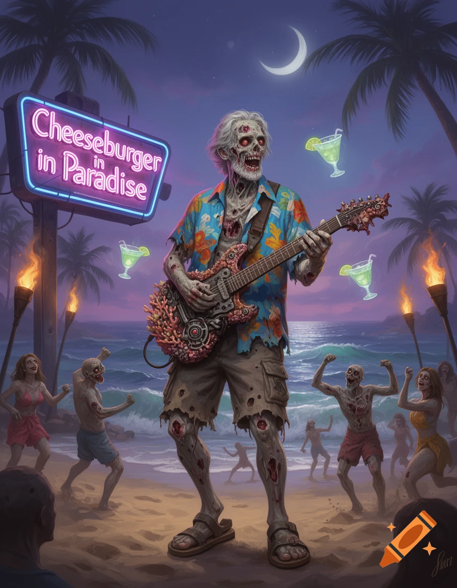A zombie in a Hawaiian shirt plays an electric guitar on a moonlit tropical beach with a 'Cheeseburger in Paradise' neon sign and dancing zombies.