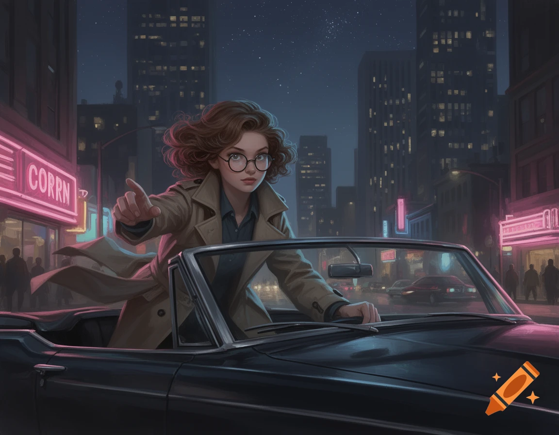 An illustration of a girl detective in a trench coat, driving a convertible at night in a neon-lit city, pointing forward.