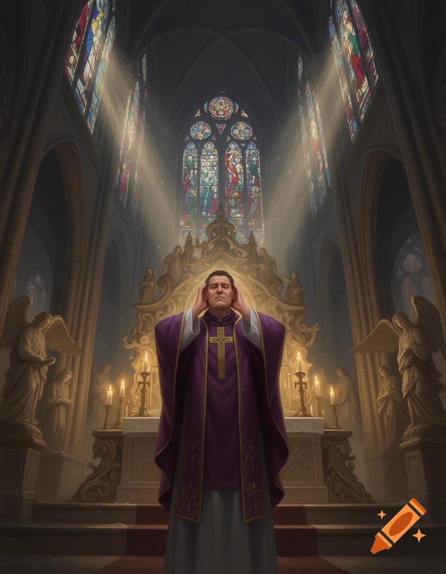 A clergyman in a grand church covers his ears, bathed in light from stained glass windows.