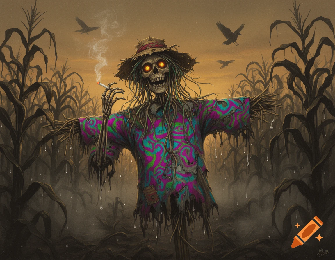 A creepy scarecrow with a skeleton face, glowing eyes, straw hat, and psychedelic shirt smokes a cigarette in a dark cornfield at dusk.