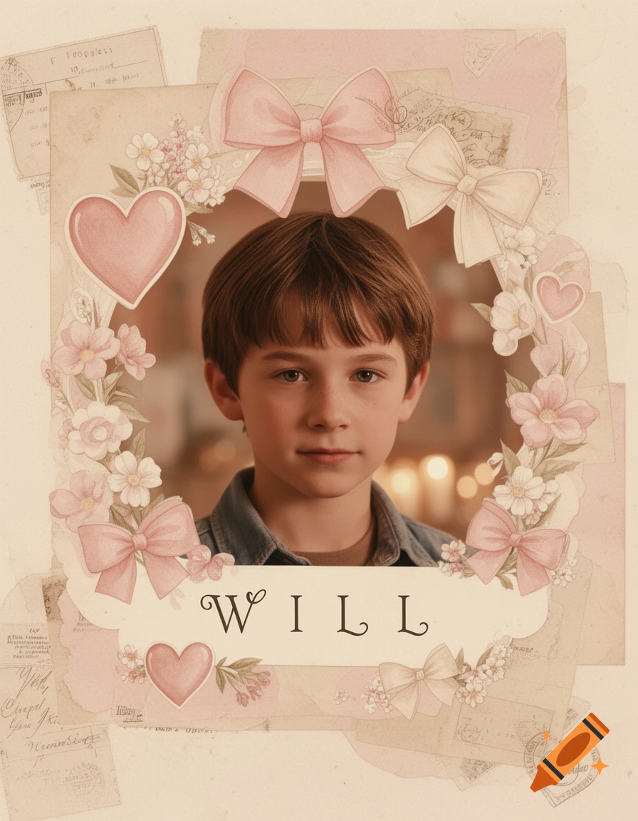 A young boy's portrait in a pastel coquette collage frame with hearts, bows, and flowers, against a vintage scrapbook background. The name "WILL" is at the bottom.