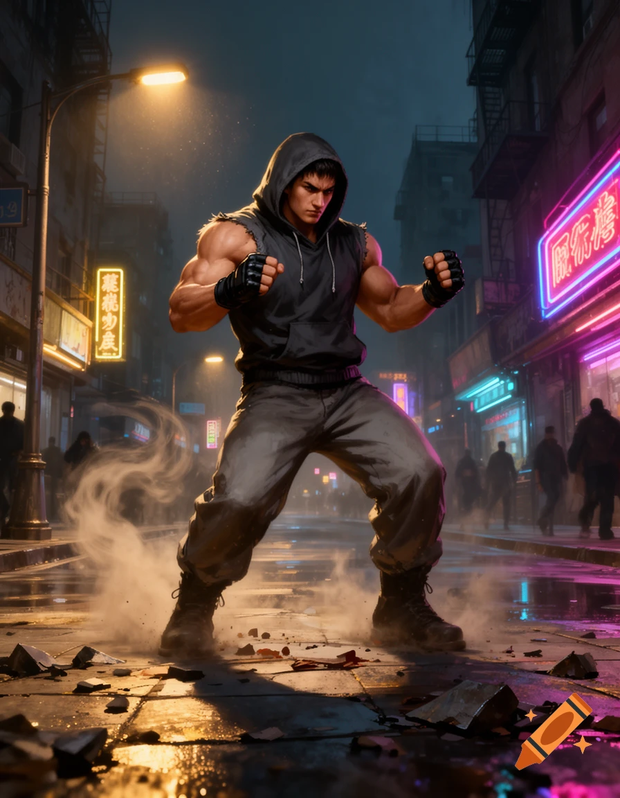 A muscular man in a dark hooded sleeveless shirt and gloves strikes a fighting pose on a wet city street at night, surrounded by smoke and debris, with neon signs in the background.